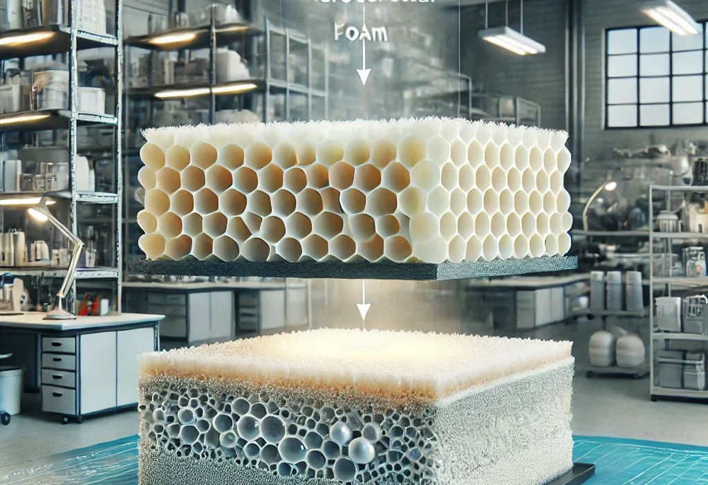 DALL·E 2025-01-16 00.36.50 - A high-quality, realistic image showcasing the concept of Microcellular and Integral Skin Polyurethane Foam. The image features two sections_ one illu