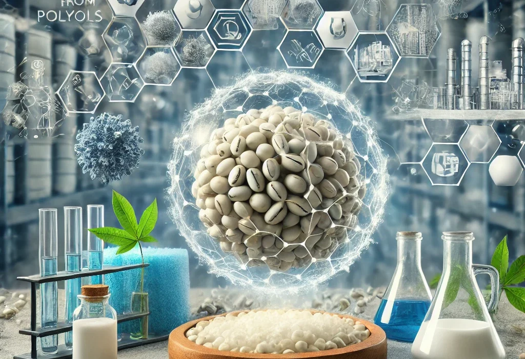 DALL·E 2025-01-22 21.20.04 - A high-quality, realistic image illustrating the concept of 'Highly functional polyols from castor oil,' showcasing castor beans, a chemical reaction